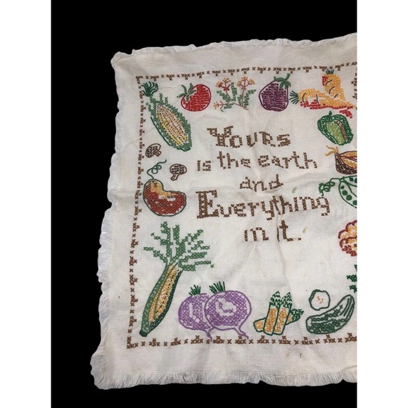 VTG Cross Stitch Sampler Motto Completed Fruits & Vegetables Yours is the Earth - Picture 4 of 8